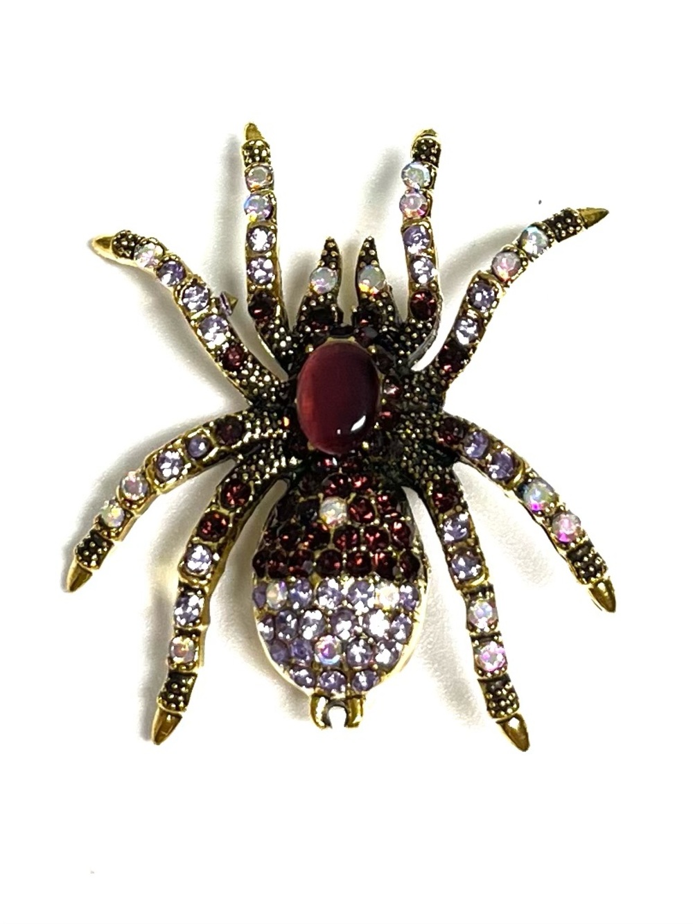 Brooch Spider NIP Crystal in Burgundy and Lavender, deep gold tone base, 1.75”L